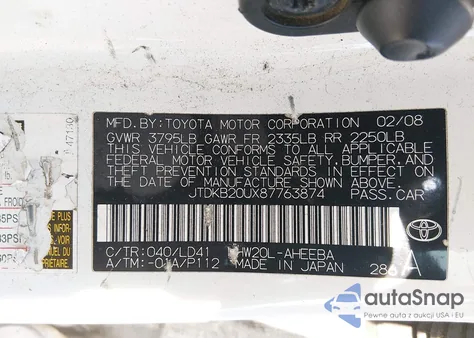 2008 Toyota Prius z USA, uszkodzony, nr VIN JTDKB20UX87763874